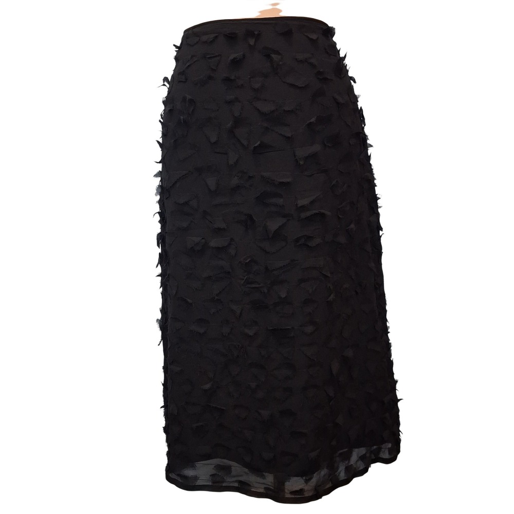ISDA & CO Black 100% Silk Textured Applique Sheer Midi Skirt SZ 12 Snap Closure